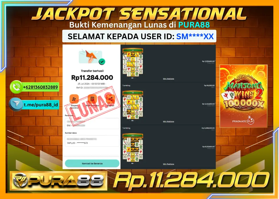 PURA88 JACKPOT MAHJONG WINS 2 Rp 11.284.000,- LUNAS